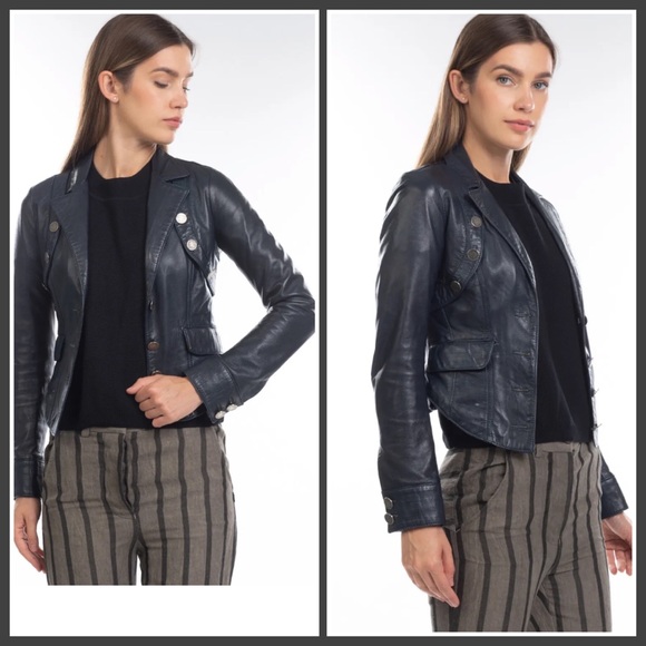 CELYN B. Dark-Navy Leather Blazer Jacket XS(40) - Picture 2 of 3